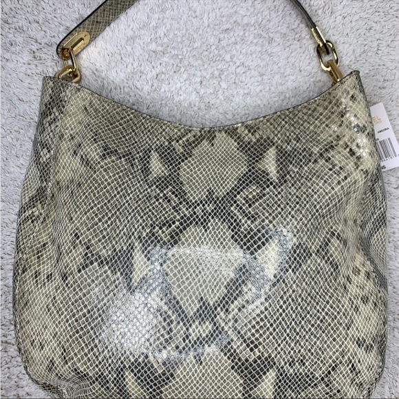 NWT MICHAEL MICHAEL KORS 'Fulton' Embossed Chain Angora Beige Grey Python Purse - Picture 4 of 12